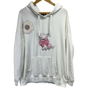 Upcycled Hoodie Sweatshirt Pullover Kitty Cat Flower Applique White‎ XL Kangaroo